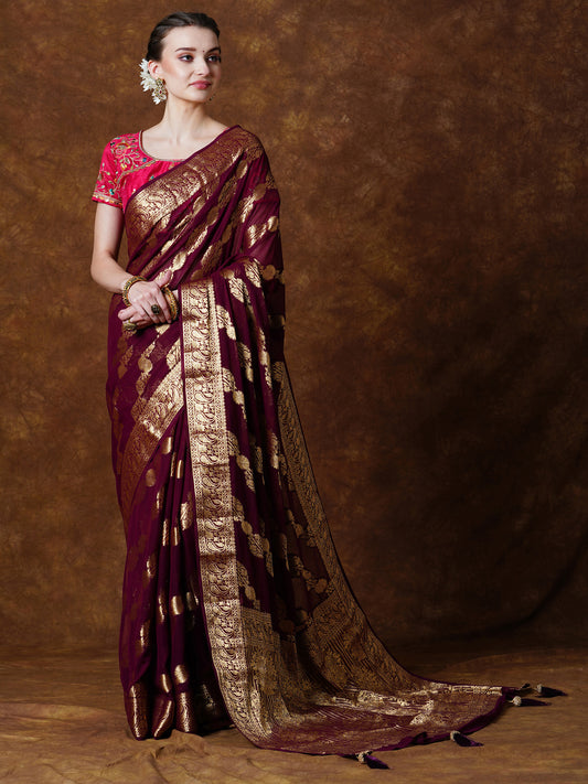 Women's Georgette Burgundy Woven Design Designer Saree With Blouse Piece