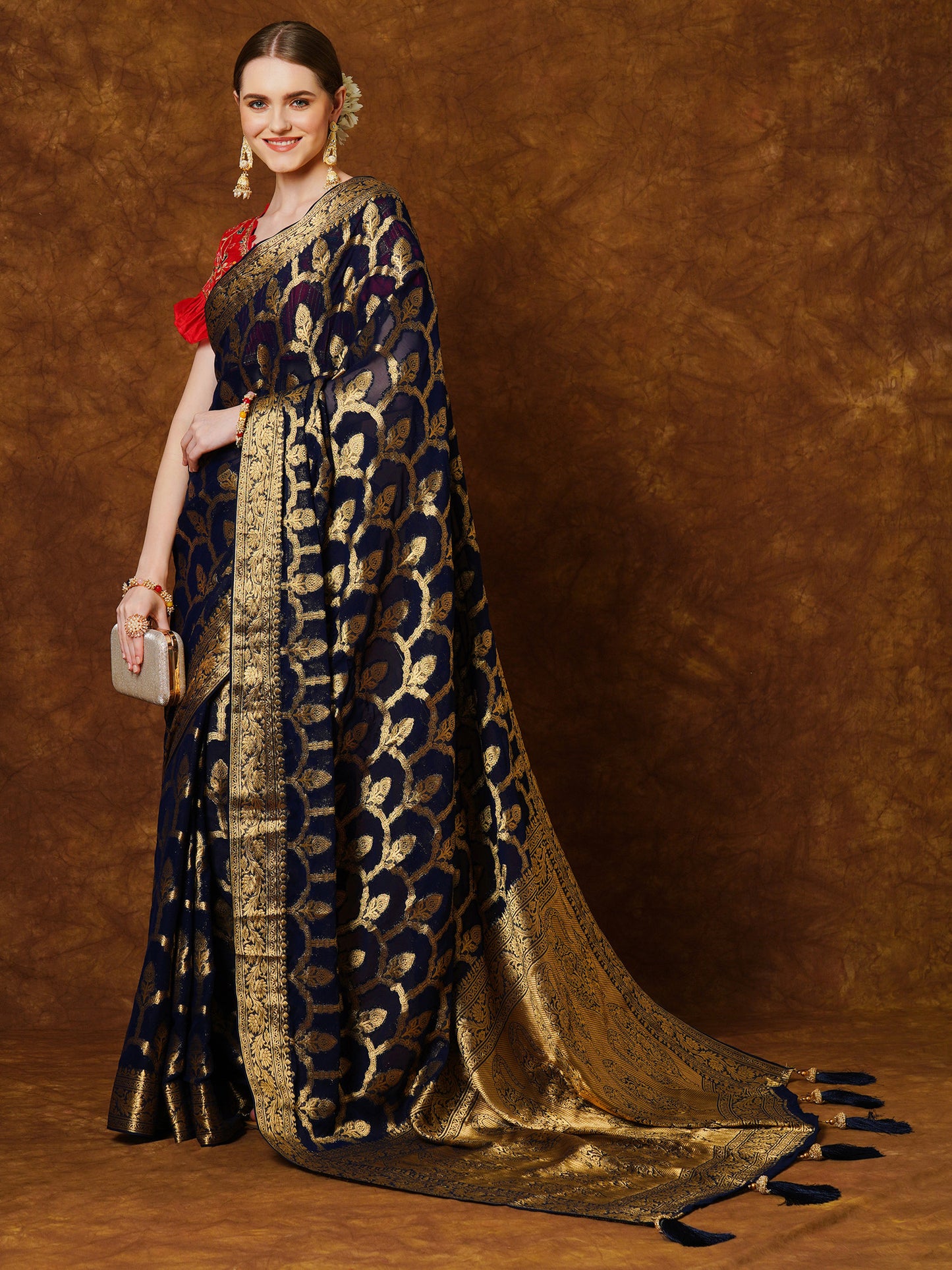 Women's Georgette Navy Blue Woven Design Designer Saree With Blouse Piece