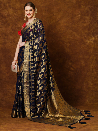 Women's Georgette Navy Blue Woven Design Designer Saree With Blouse Piece