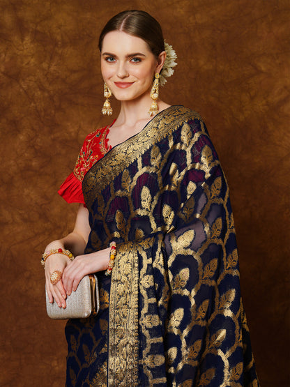 Women's Georgette Navy Blue Woven Design Designer Saree With Blouse Piece