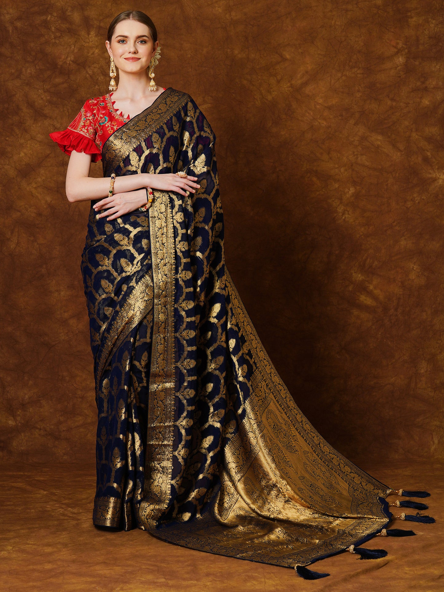 Women's Georgette Navy Blue Woven Design Designer Saree With Blouse Piece