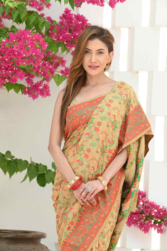 Dhiyona GR Women's Yashodha Hazelnut Beige Jamewar Kashmiri Soft Modal Silk Saree