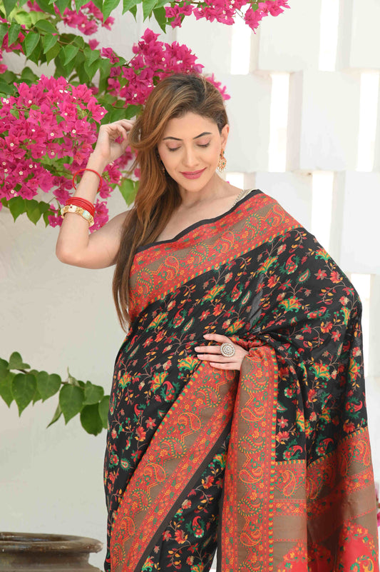 Dhiyona GR Women's Yashodha Dramatic Black Jamewar Kashmiri Soft Modal Silk Saree