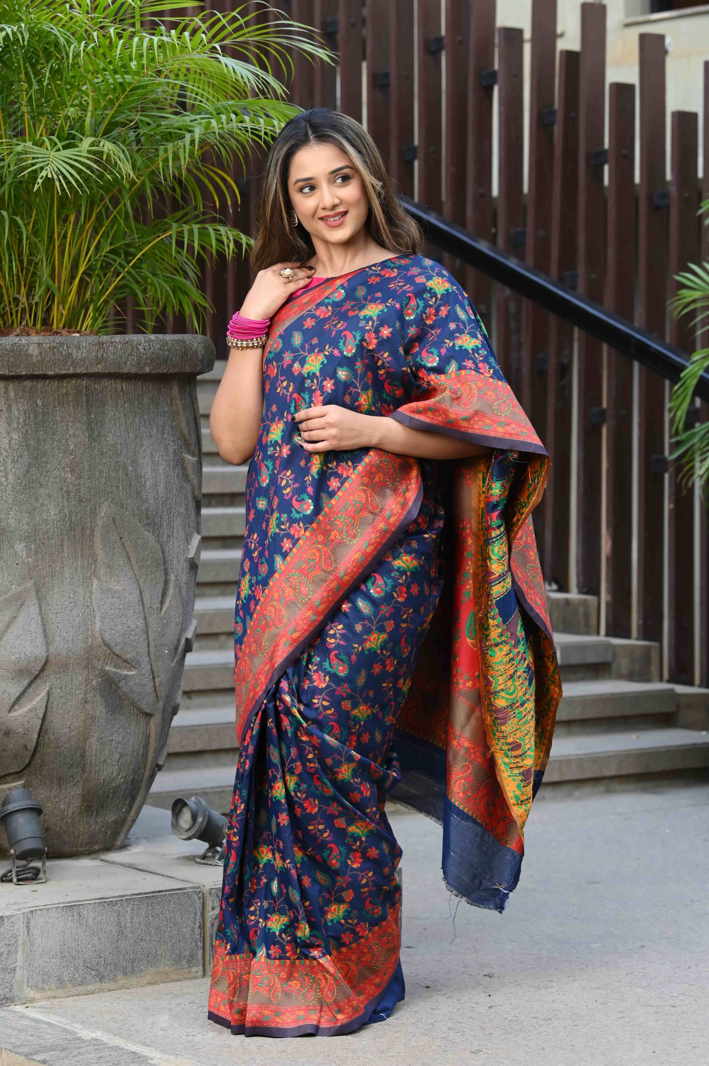 Dhiyona GR Women's Yashodha Ink Blue Jamewar Kashmiri Soft Modal Silk Saree