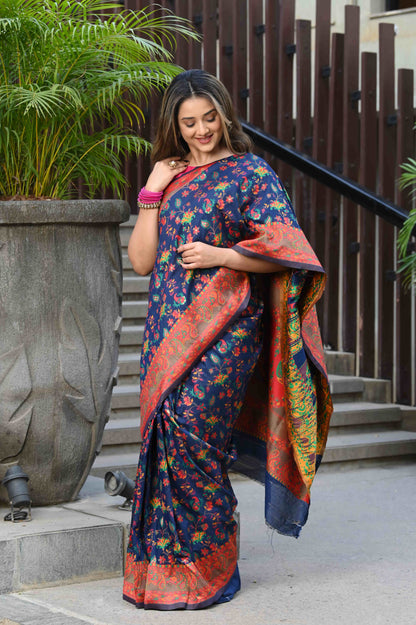 Dhiyona GR Women's Yashodha Ink Blue Jamewar Kashmiri Soft Modal Silk Saree