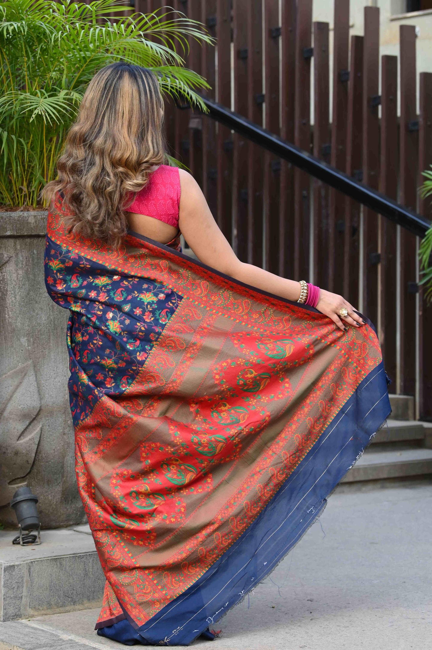 Dhiyona GR Women's Yashodha Ink Blue Jamewar Kashmiri Soft Modal Silk Saree
