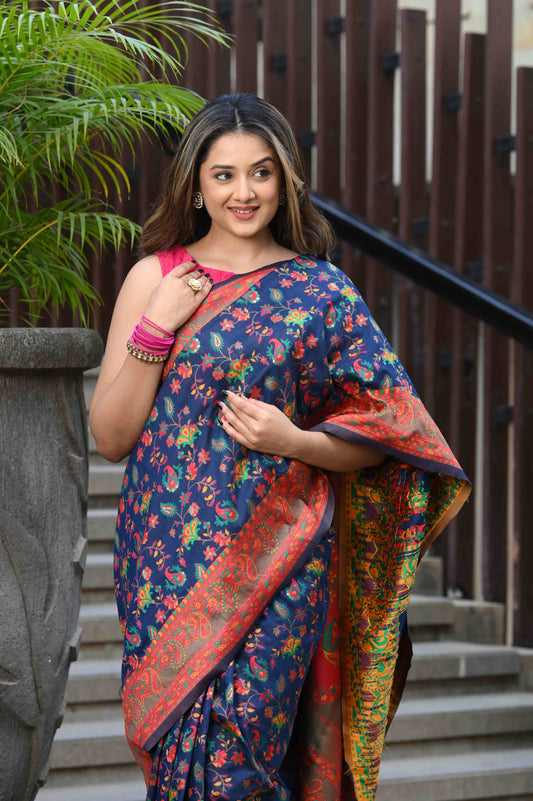 Dhiyona GR Women's Yashodha Ink Blue Jamewar Kashmiri Soft Modal Silk Saree
