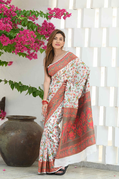 Dhiyona GR Women's Yashodha Swan White Jamewar Kashmiri Soft Modal Silk Saree
