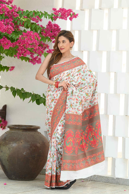 Dhiyona GR Women's Yashodha Swan White Jamewar Kashmiri Soft Modal Silk Saree