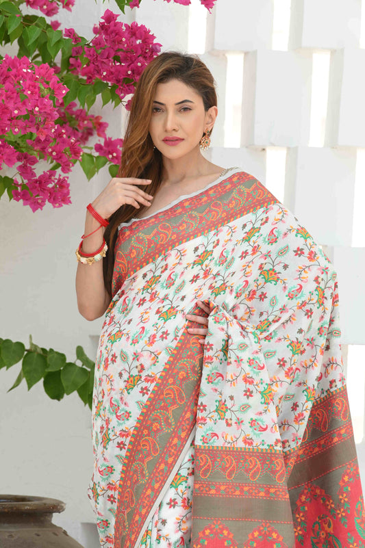 Dhiyona GR Women's Yashodha Swan White Jamewar Kashmiri Soft Modal Silk Saree