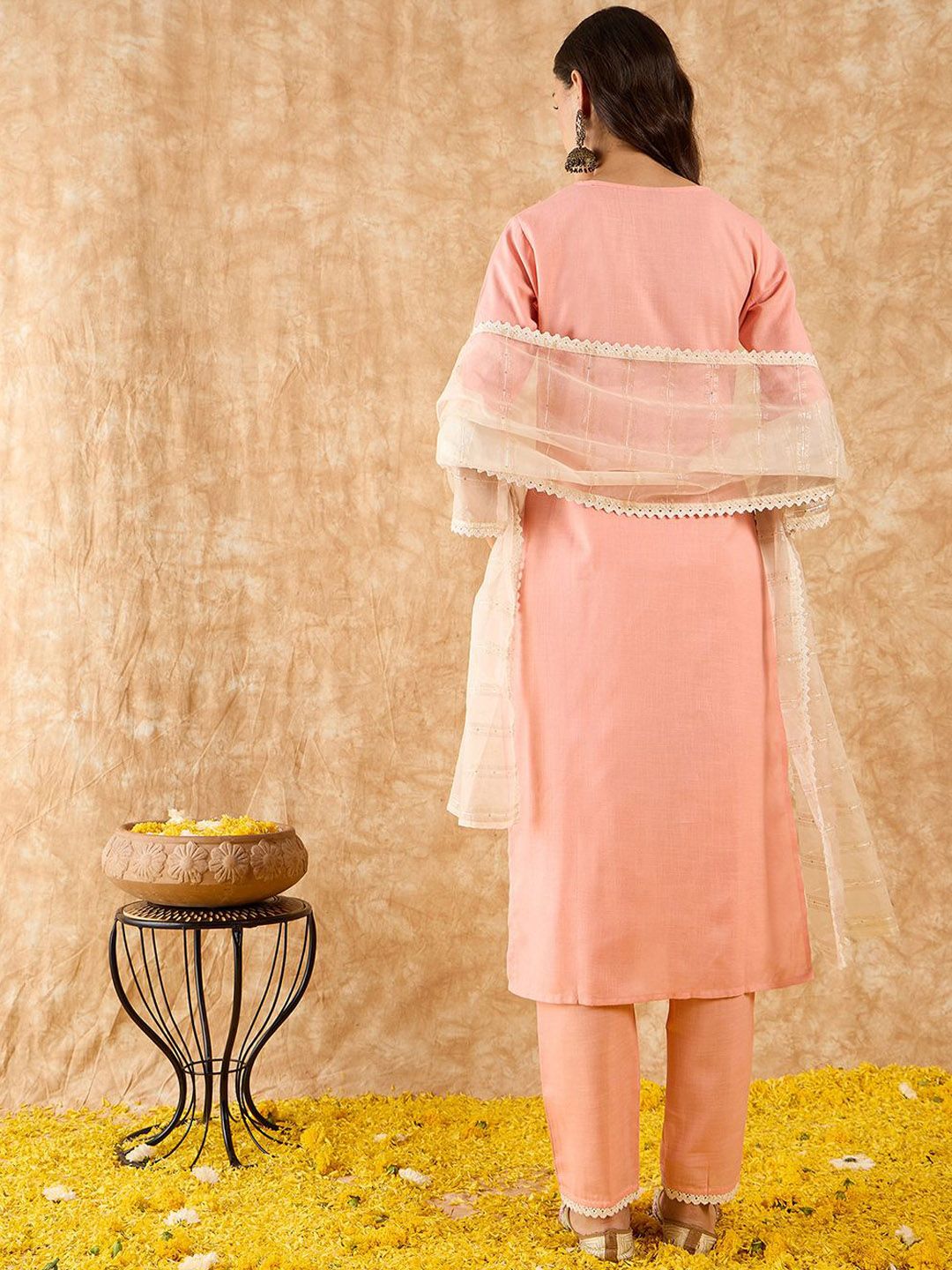 Ethnic Motifs Embroidered Sequinned Straight Kurta With Trousers & Dupatta