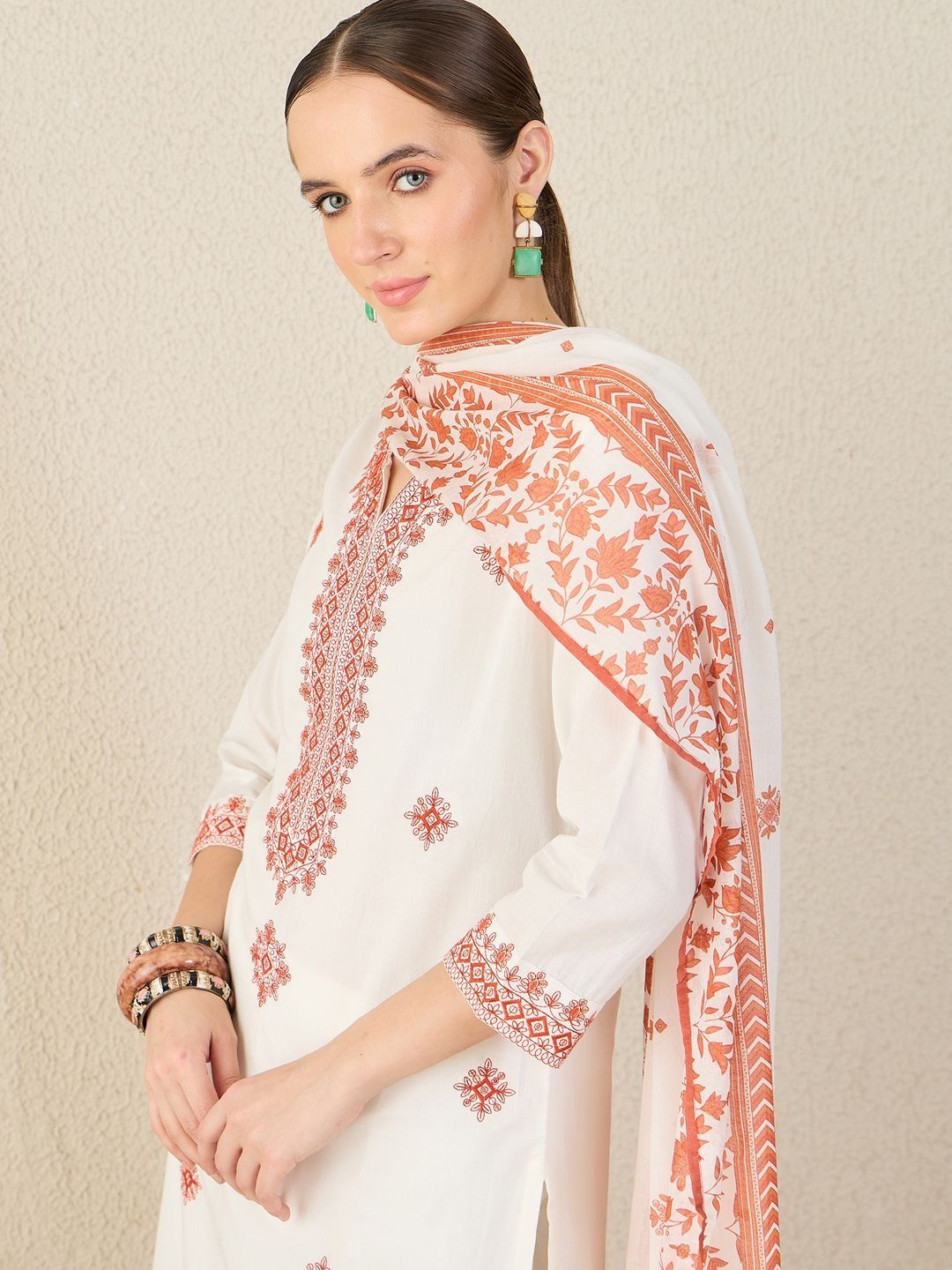 Women Floral Embroidered Cotton Kurta with Trousers & Dupatta