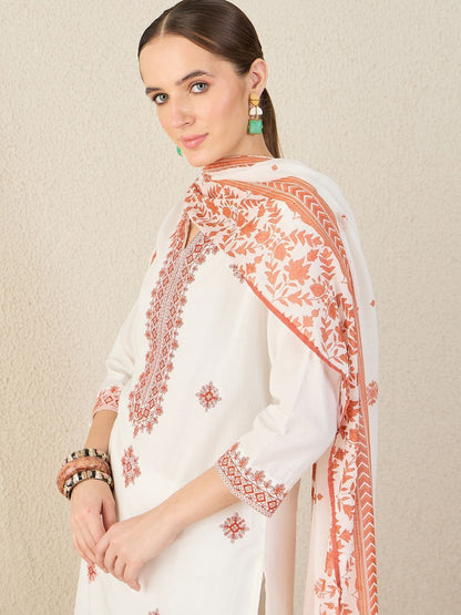 Women Floral Embroidered Cotton Kurta with Trousers & Dupatta
