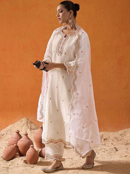 White and Pink Ethnic Motifs Embroidered Gotta Patti Kurta with Trouser & Dupatta