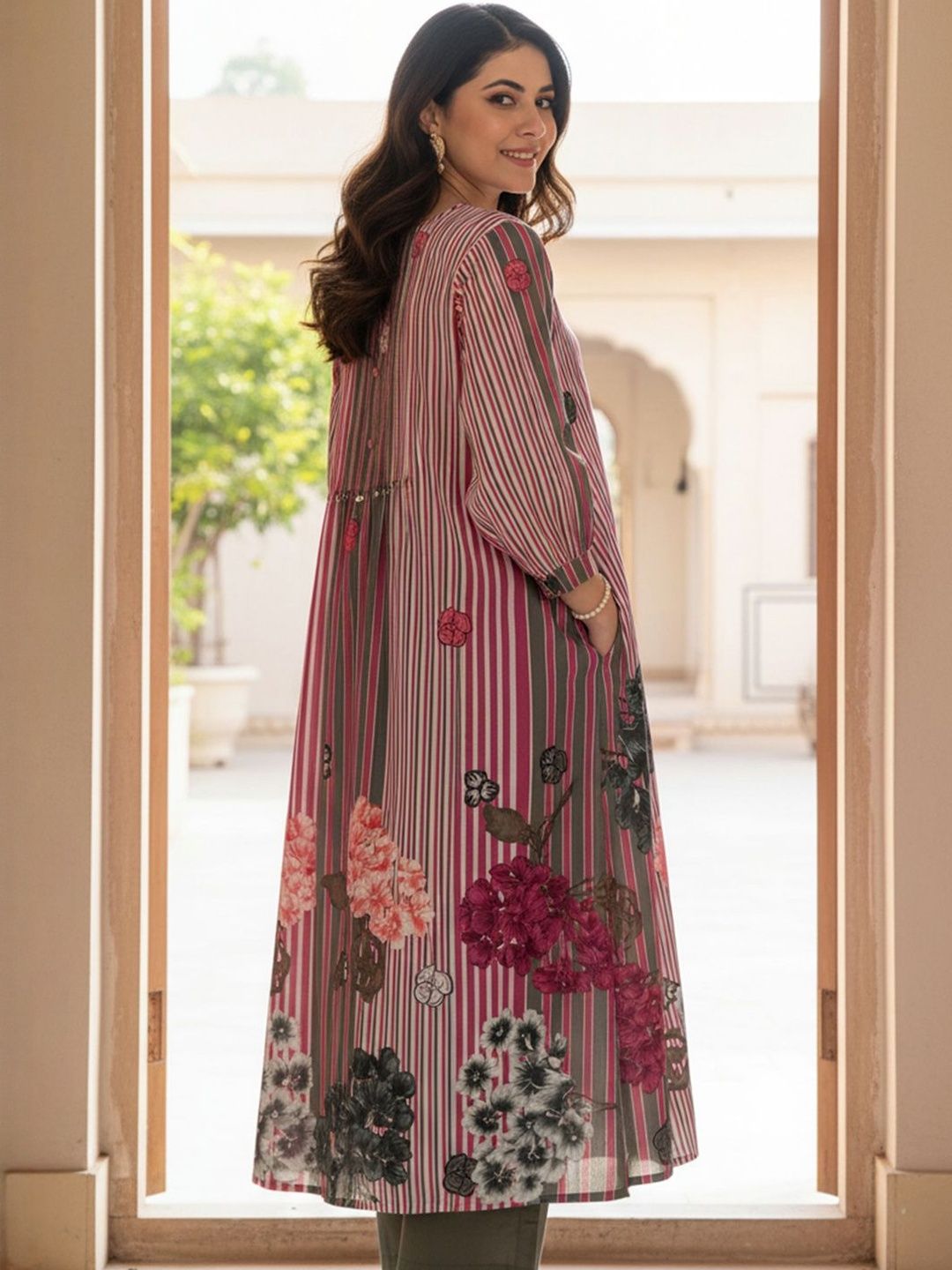 Floral Printed Round Neck Pure Cotton Kurta With Trouser