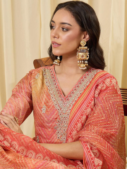 Women Printed Regular Thread Work Kurta with Trousers & With Dupatta