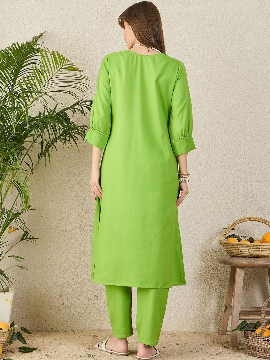 Women Solid A-Line Kurta with Trousers
