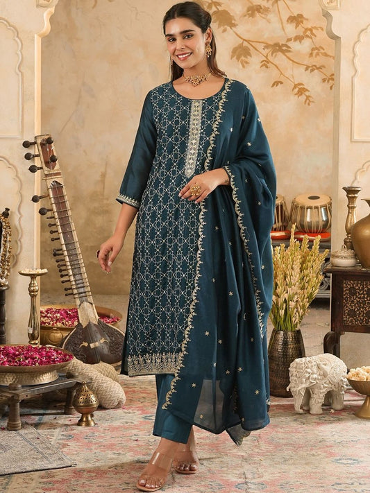 Ethnic Motifs Zari Embroidered Kurta & Plazaoos With Dupatta