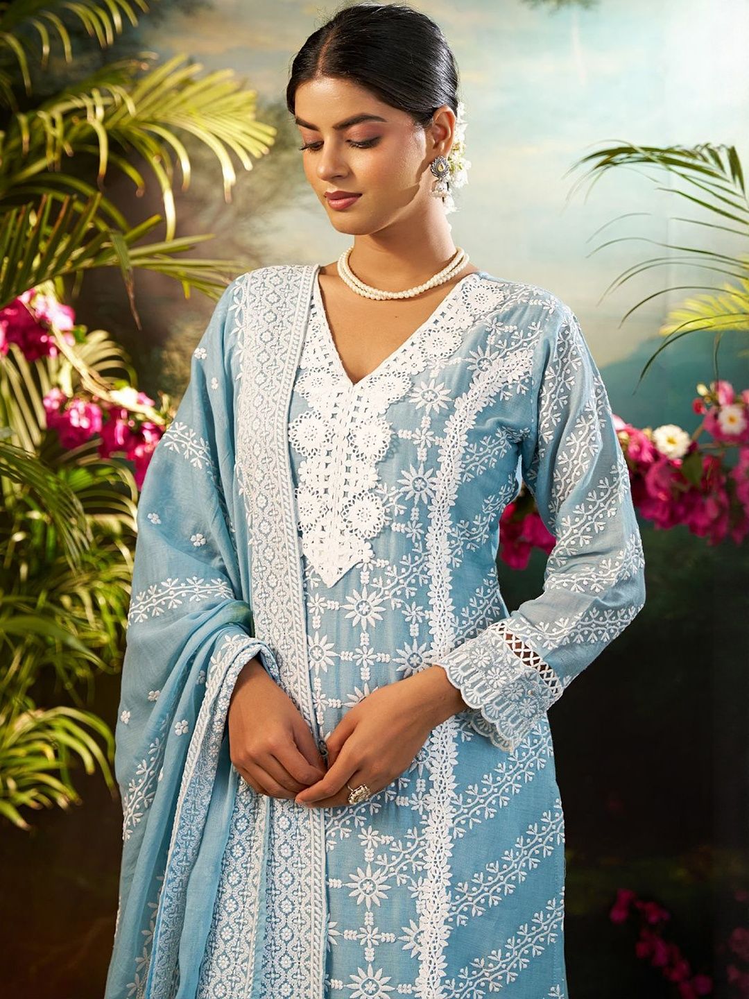 Ethnic Motifs Embroidered Chikankari Pure Cotton Kurta With Trouser & Dupatta