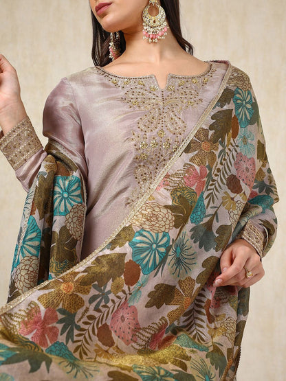 Dhiyona SO Women's Floral Embroidered Beads and Stones Straight Kurta with Palazzos & Dupatta