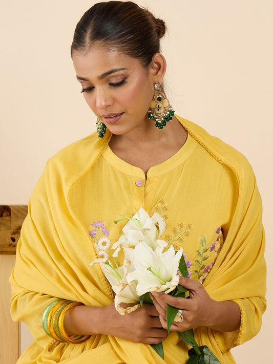 Floral Embroidered Pleated Pure Cotton Straight Kurta With Trousers & Dupatta