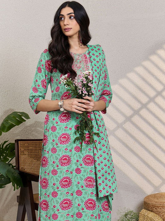 Women Floral Printed Regular Mirror Work Kurta & Trousers With Dupatta
