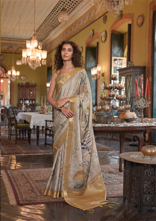 Dhiyona GR Women's Mustard Gold Yellow & Grey Banarasi Digital Soft Silk Saree