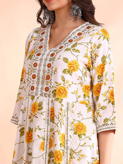 Dhiyona OD  Thread Work Pure Cotton Anarkali Kurta with Trousers & Dupatta