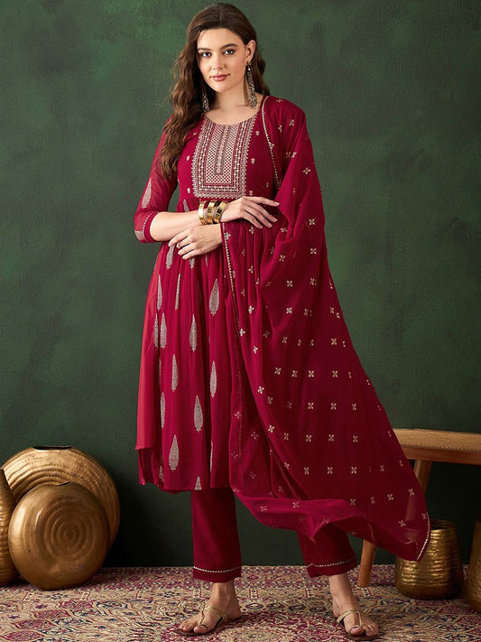 Dhiyona SN Women's Embroidered Sequence Plated Anarkali Kurta & Palazzo With Dupatta