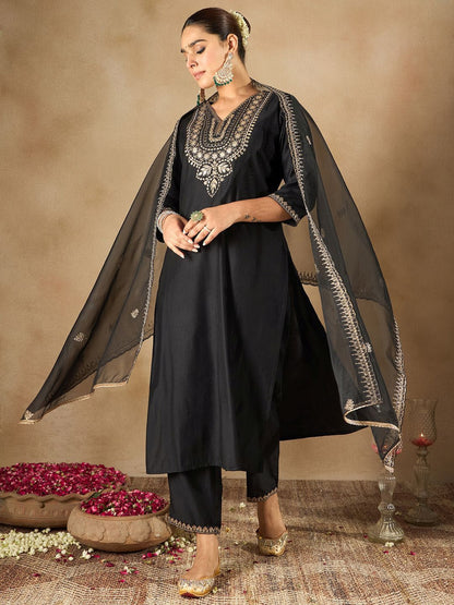 Dhiyona IE Women Ethnic Motifs Embroidered Regular Liva Kurta with Trousers & With Dupatta