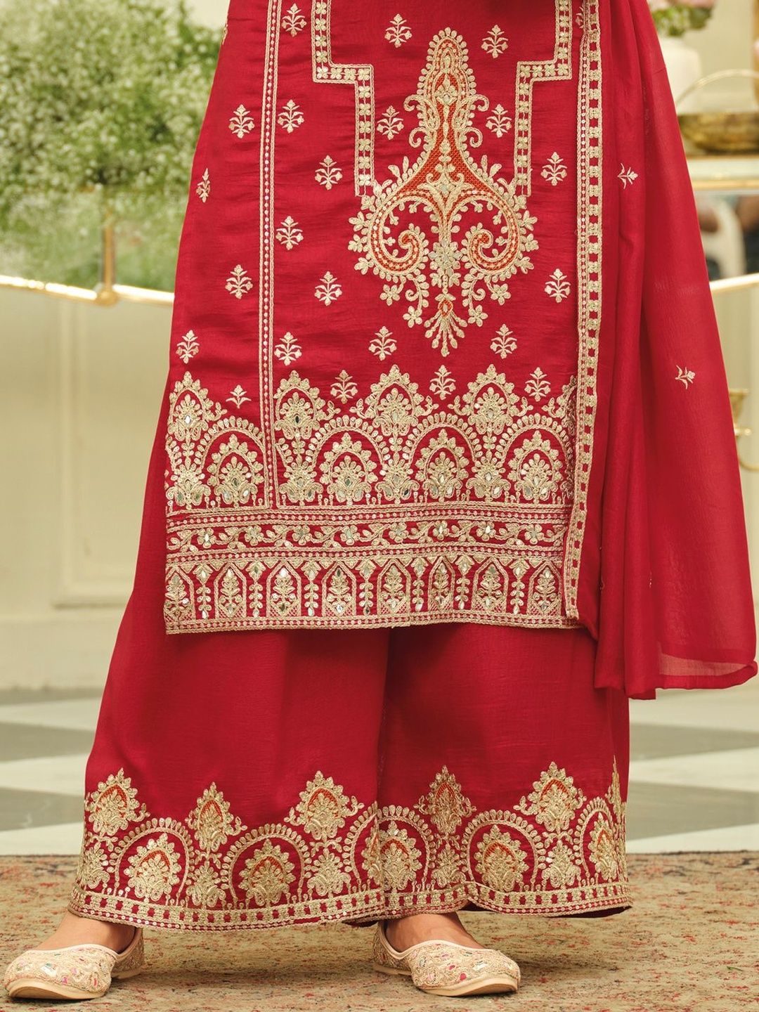 Ethnic Motifs Embroidered Straight Kurta With Palazzos & Dupatta