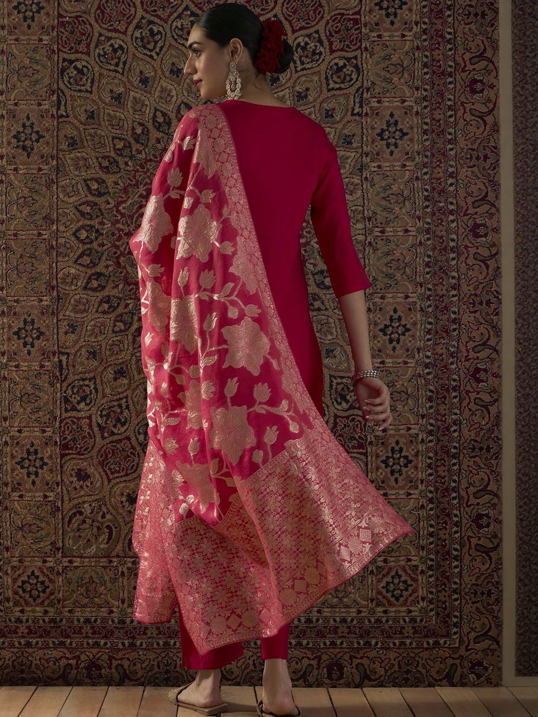 Floral Embroidered Thread Work Round Neck Straight Kurta With Trouser & Dupatta