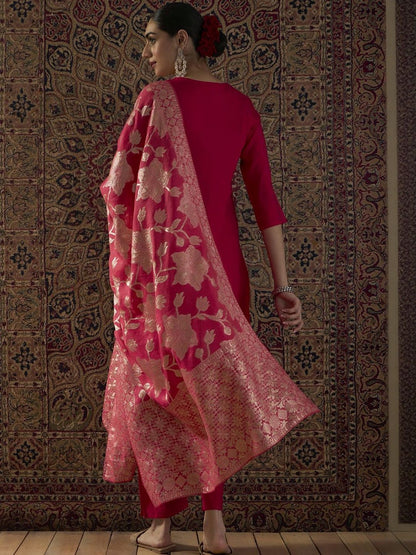 Floral Embroidered Thread Work Round Neck Straight Kurta With Trouser & Dupatta