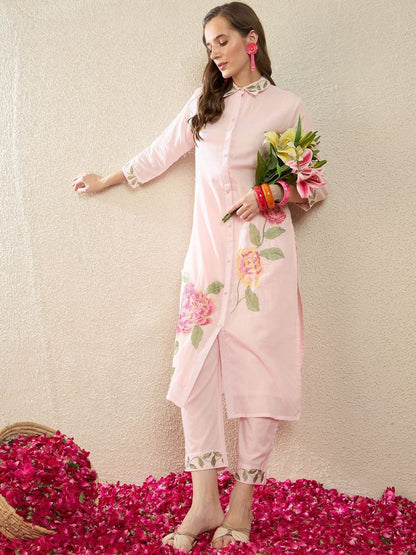 Dhiyona IE Printed Shirt Collar Three-Quarter Sleeves Pure Cotton Top With Trousers