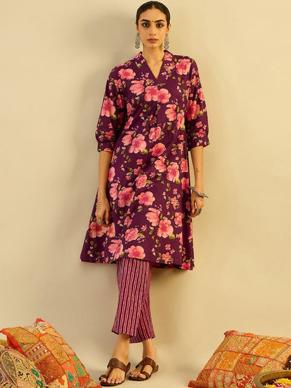 Floral Printed Pure Cotton Kurta With Trousers