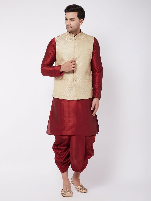 Men's Maroon Silk Blend Straight Jacket  Kurta and Dhoti Set