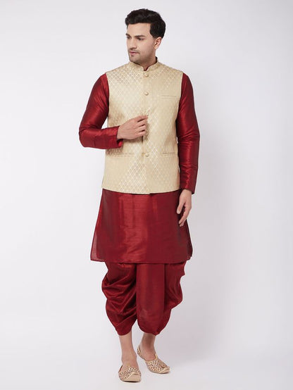 Men's Maroon Silk Blend Straight Jacket  Kurta and Dhoti Set