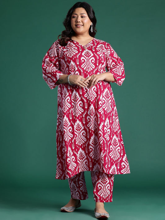 Ethnic Motifs Print Panelled Thread Work Kurta with Trousers
