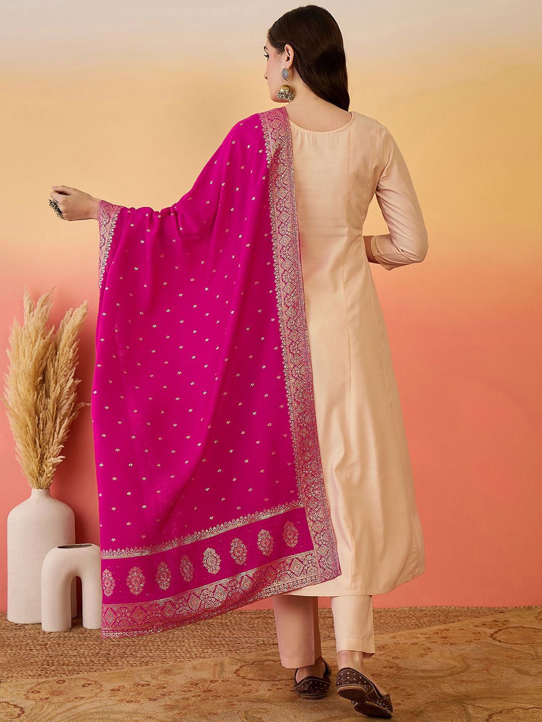 Dhiyona SN Women's Floral Yoke Design Panelled Thread Work A-Line Kurta With Trouser And Dupatta