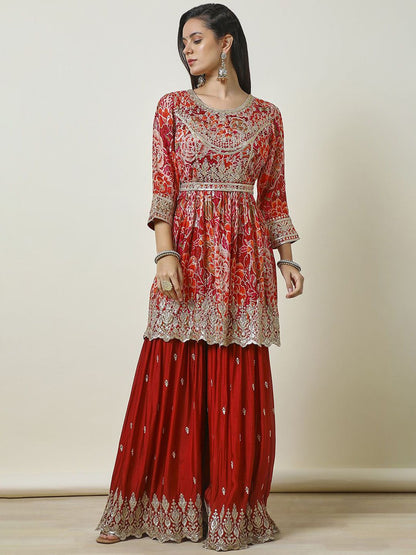 Dhiyona SO Women's Ethnic Motifs Embroidered Empire Sequinned Anarkali Kurti with Sharara & Dupatta