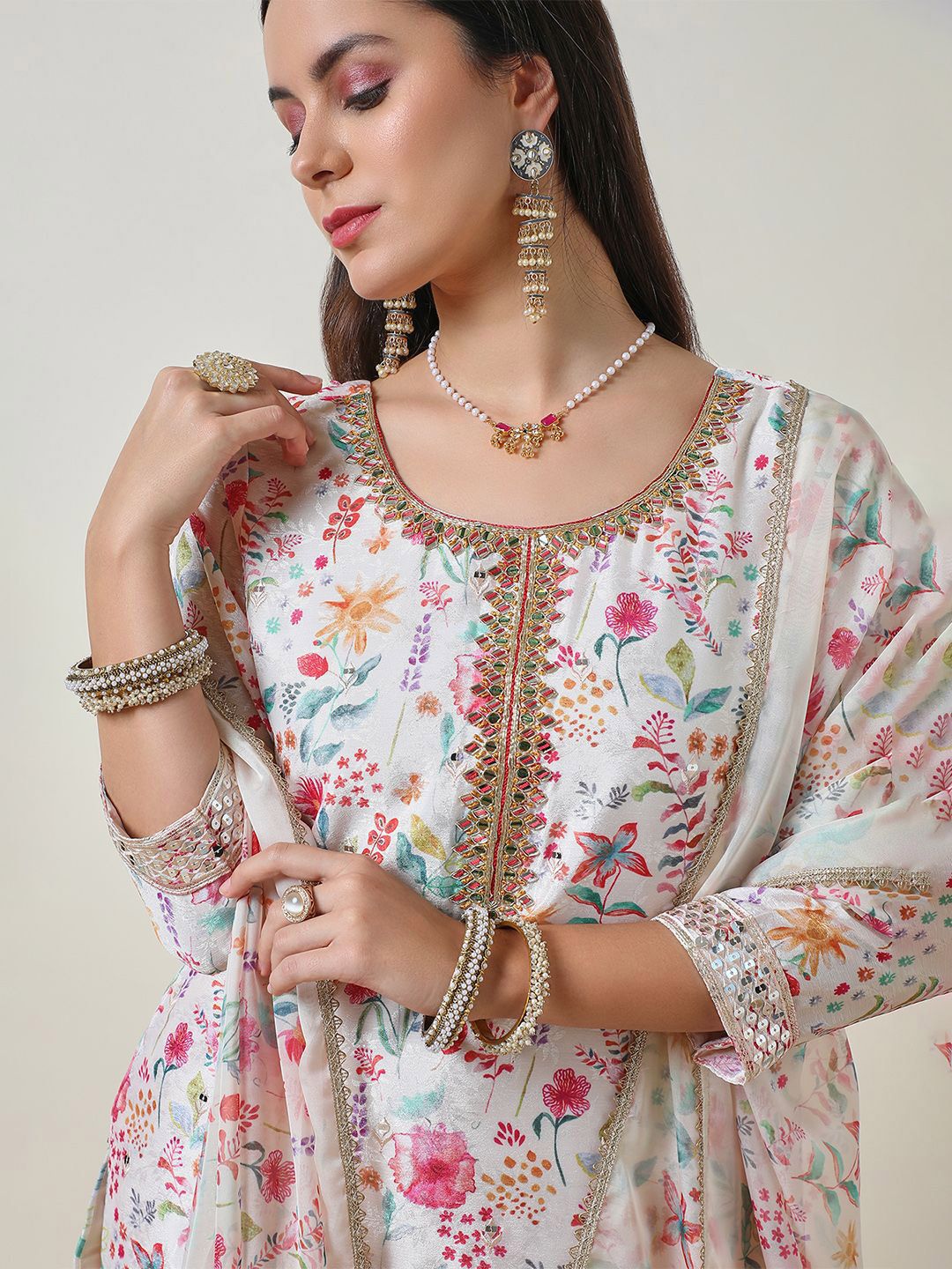 Dhiyona SO Women's Women Ethnic Motifs Printed Regular Mirror Work Kurta with Sharara & With Dupatta