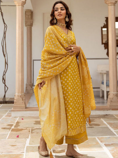 Dhiyona IS Women's Ethnic Motifs Printed Beads & stones Straight Kurta With Palazzos & Dupatta