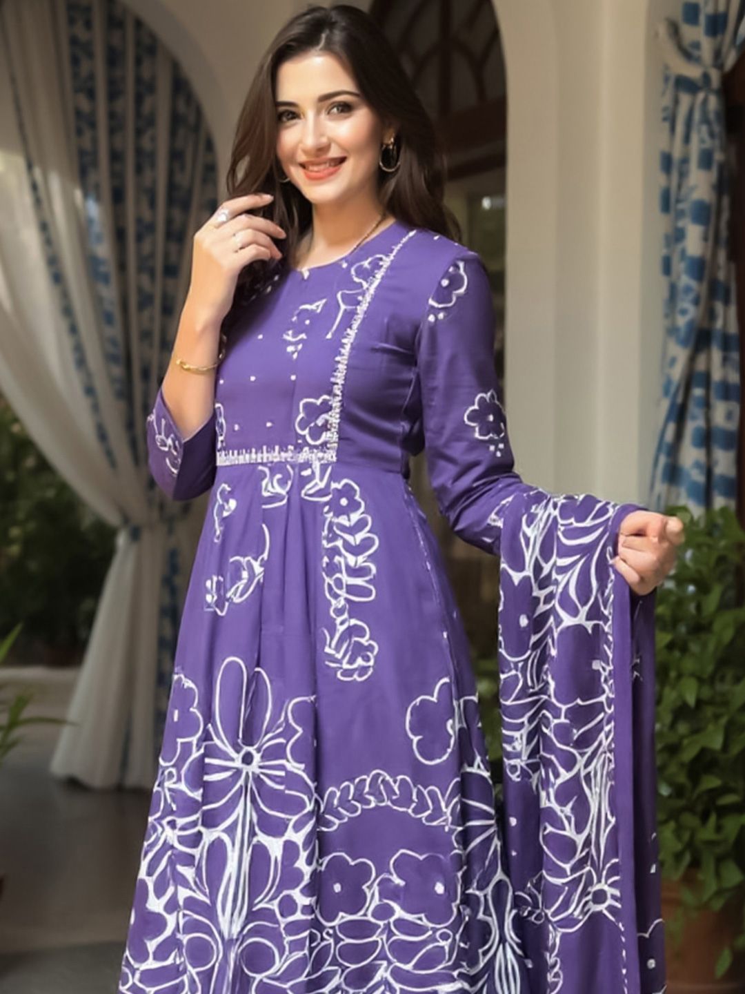 Floral Printed Pure Cotton A Line Kurta With Trousers & Dupatta