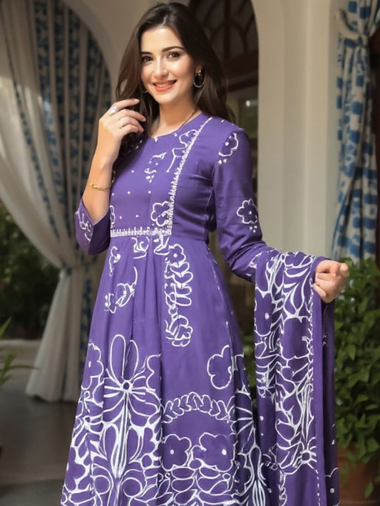 Floral Printed Pure Cotton A Line Kurta With Trousers & Dupatta