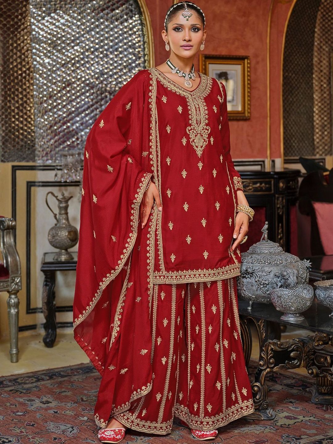 Dhiyona IE Women Ethnic Motifs Embroidered Kurta with Sharara & Dupatta