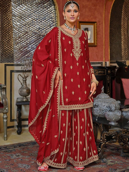 Dhiyona IE Women Ethnic Motifs Embroidered Kurta with Sharara & Dupatta