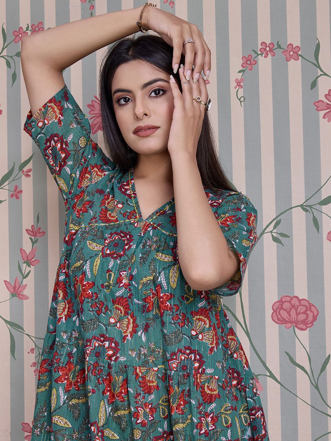 Dhiyona OD  Floral Printed Pure Cotton Anarkali Kurta with Trousers