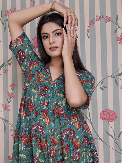 Dhiyona OD  Floral Printed Pure Cotton Anarkali Kurta with Trousers