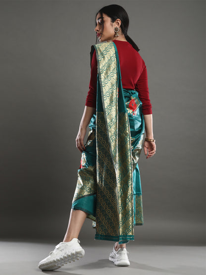 Women's Silk Blend Teal green Woven Design Designer Saree With Blouse Piece