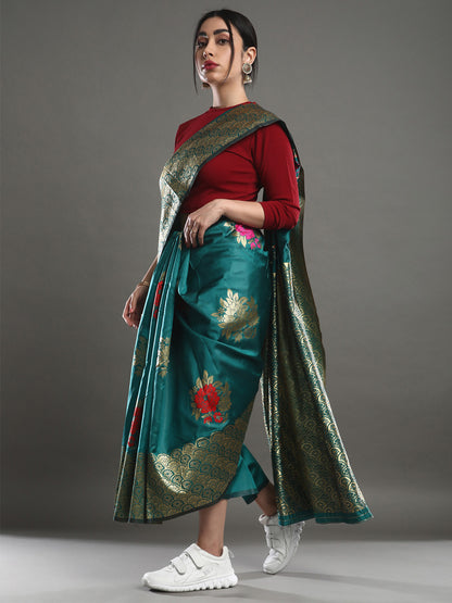 Women's Silk Blend Teal green Woven Design Designer Saree With Blouse Piece